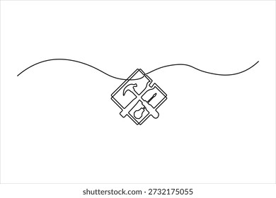 Minimalist continuous line drawing of a hammer, wrench, and screwdriver inside a diamond frame. Perfect for repair, construction, and DIY branding.