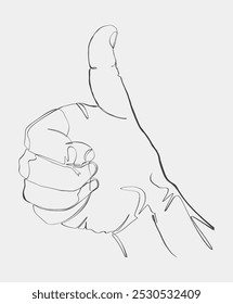 Dibujo de línea continuo minimalista de una mano que da un gesto de pulgar hacia arriba, con líneas limpias y un diseño simple sobre un fondo blanco.