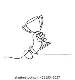 Minimalist Continuous Line Drawing of Hand Holding Trophy Icon – Award and Achievement Concept