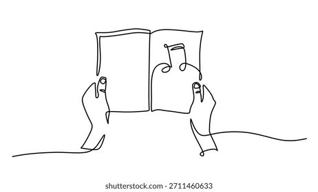 Dibujo de línea continuo minimalista de una mano girando una hoja de música. Este boceto simple es un concepto para tocar un instrumento, sonido y una melodía simple.