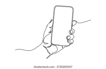 Dibujo de línea continuo minimalista de una mano que sostiene un teléfono inteligente moderno, contorno negro simple