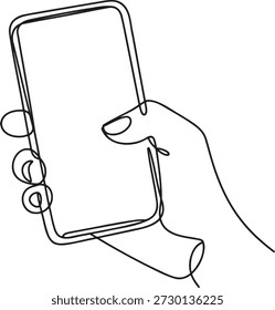 Minimalist continuous line drawing of hand holding smartphone. Single line drawing depicting mobile phone usage. Line art illustration representing modern communication technology. Abstract sketch of person using cellular device for connection. Simple vector graphic showcasing touchscreen device. Minimalist design element for digital media.
