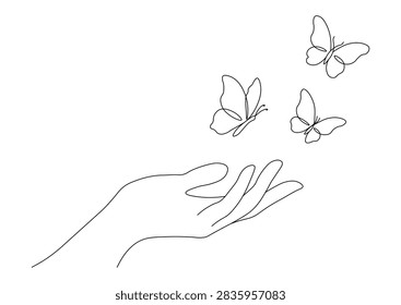 Minimalist continuous line drawing of a hand letting three butterflies fly free. Elegant symbolism of hope and freedom.