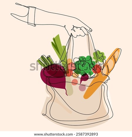 Minimalist continuous line drawing of a hand holding a reusable grocery bag filled with fresh vegetables and bread.eco-friendly shopping, healthy eating,sustainability concepts. Vector illustration