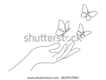 Minimalist continuous line drawing of a hand letting three butterflies fly free. Elegant symbolism of hope and freedom.