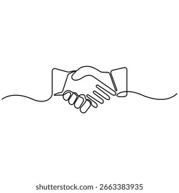 Desenho de linha contínua minimalista de um aperto de mão, simbolizando acordo, parceria, negócio e cooperação, em um fundo branco limpo para uso no mercado de ações.