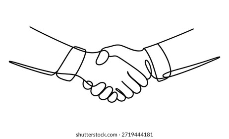 Desenho de linha contínua minimalista de aperto de mão simbolizando parceria empresarial, cooperação e acordo na ilustração elegante moderna