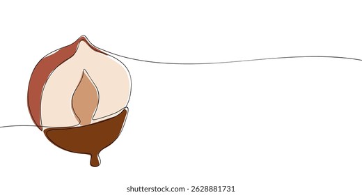 Minimalist continuous line drawing of a hazelnut dipped in chocolate, ideal for food, snacks, or dessert design concepts.
