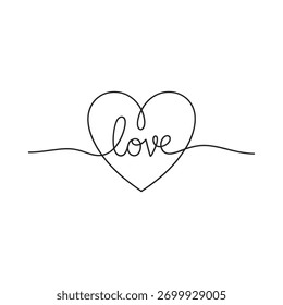 Minimalist continuous line drawing of a heart shape with the word love inside
