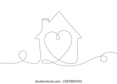 Minimalist continuous line drawing of a house with a heart inside, symbolizing love, warmth, harmony,