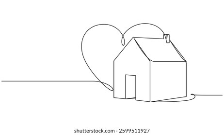 A minimalist continuous line drawing of a house with a heart shape in the background. The simple design emphasizes themes of home, love, and security.