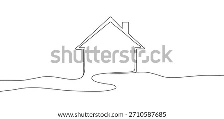 Minimalist continuous line drawing of a house outline with dashed path leading to it