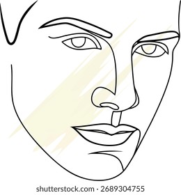 Línea continua minimalista que dibuja una cara humana con trazos de pincel amarillo abstracto Vector
