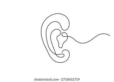 Dibujo de línea continuo minimalista de un oído humano con señal de onda de sonido