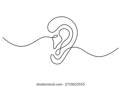 Dibujo de línea continuo minimalista de un oído humano con señal de onda de sonido
