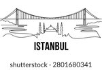 Minimalist continuous line drawing of Istanbul skyline featuring Bosphorus Bridge and iconic mosque with bold typography, elegant modern artwork symbolizing culture, heritage, and architecture