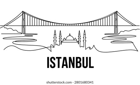 Minimalist continuous line drawing of Istanbul skyline featuring Bosphorus Bridge and iconic mosque with bold typography, elegant modern artwork symbolizing culture, heritage, and architecture