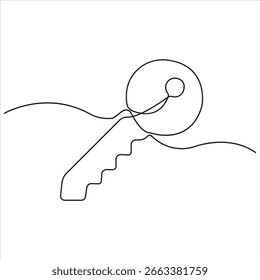 Dibujo de línea continuo minimalista de una llave, que simboliza la seguridad, el acceso, la oportunidad y el potencial de desbloqueo, sobre un fondo blanco limpio para uso en el mercado de valores.