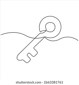 Minimalist continuous line drawing of a key, symbolizing security, access, opportunity, and unlocking potential, on a clean white background for stock market use.