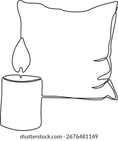 Dibujo minimalista en línea continua de una vela encendida junto a una almohada suave, que evoca comodidad y relajación.
