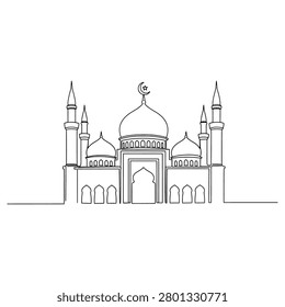Minimalist continuous line drawing of a majestic mosque structure featuring multiple domes and tall minarets created in a simple artistic style for religious celebrations and cultural architectural design inspiration themes