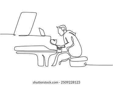 Desenho de linha contínua minimalista de um homem tocando piano. Ilustra o instrumento musical em um estilo artístico de linha única.