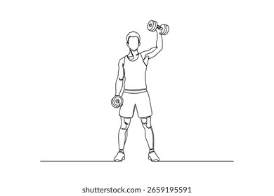 Un dibujo lineal continuo minimalista de un hombre levantando mancuernas, perfecto para contenido relacionado con la salud y el fitness.