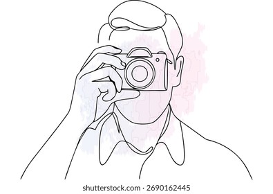 Minimalist continuous line drawing a man holding a camera to his face single line photography