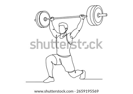 A minimalist continuous line drawing of a man weightlifting with a barbell, perfect for fitness and exercise themes.