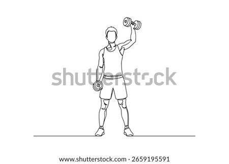 A minimalist continuous line drawing of a man lifting dumbbells, perfect for fitness and health-related content.