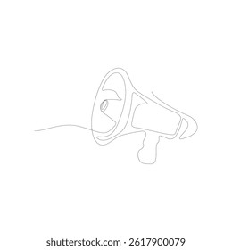 Minimalist continuous line drawing of a megaphone — concept of marketing, communication, and public announcement