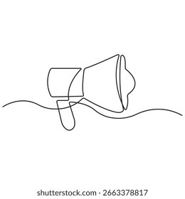 Minimalist continuous line drawing of a megaphone, symbolizing communication, announcement, marketing, and public speaking, on a clean white background for stock use.