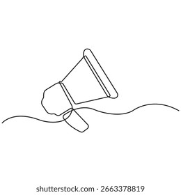 Dibujo de línea continuo minimalista de un megáfono, que simboliza la comunicación, el anuncio, el marketing y la oratoria, sobre un fondo blanco limpio para uso en stock.