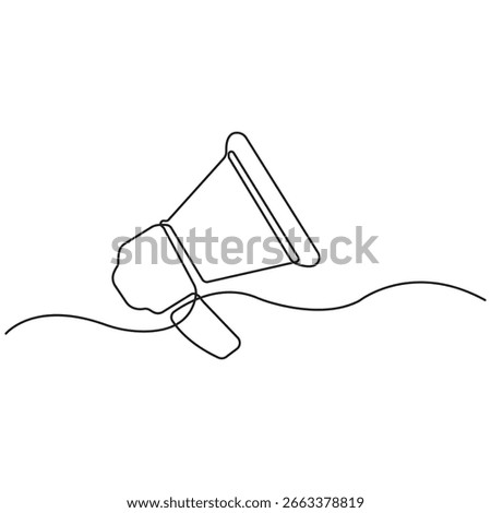 Minimalist continuous line drawing of a megaphone, symbolizing communication, announcement, marketing, and public speaking, on a clean white background for stock use.