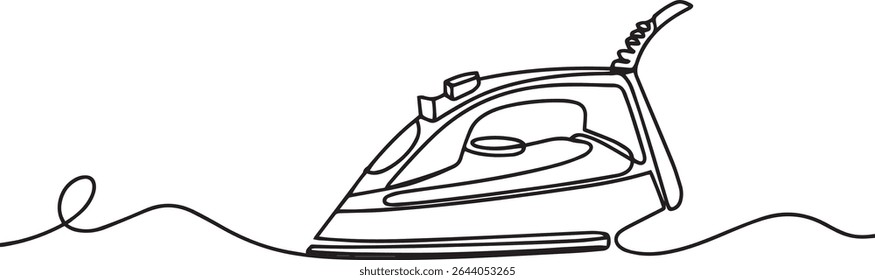 Desenho de linha contínua minimalista de um ferro elétrico moderno com fio de reboque sobre fundo branco


