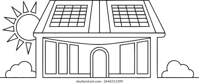 Minimalist continuous line drawing of modern house with solar panels and sunburst, black and white eco home illustration