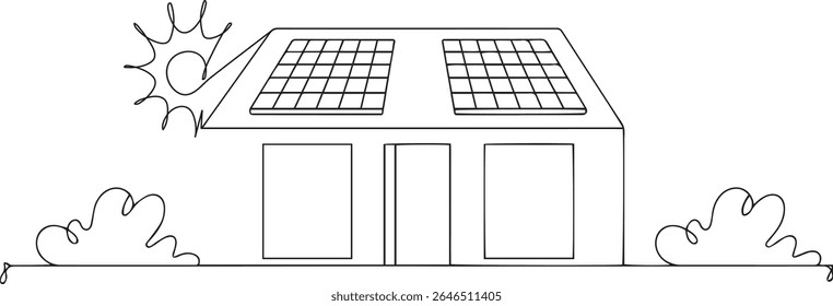Desenho de linha contínua minimalista da casa moderna com painéis solares e sunburst, ilustração eco-home preto e branco