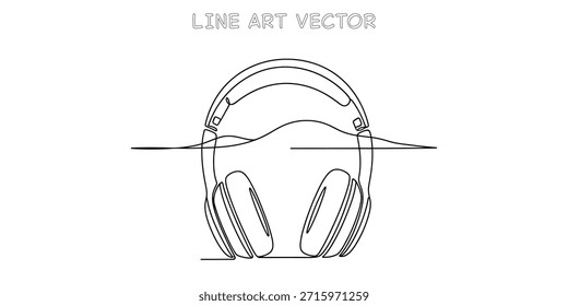 Dibujo de línea continuo minimalista de auriculares modernos. Simple arte de contorno negro para música, audio y experiencia de sonido. Diseño gráfico limpio. Ilustración vectorial