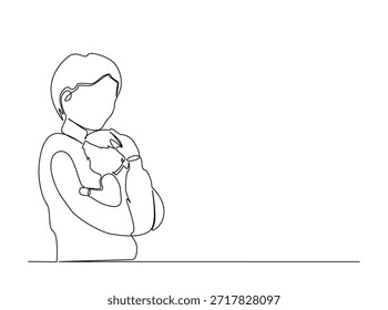 Minimalist continuous line drawing of a mother gently holding and cradling her newborn baby.