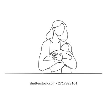 Minimalist continuous line drawing of a mother gently holding and cradling her newborn baby.
