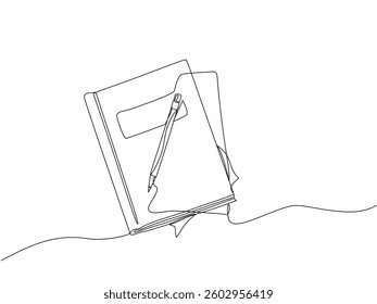 Minimalist continuous line drawing of a notebook with inserted papers and a pencil on top. Simple design concept for education, writing, creativity, and productivity themes. Vector Editable stroke.