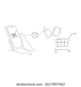 Minimalist continuous line drawing of online shopping via smartphone, shopping cart, products and bags — concept of e-commerce and mobile purchases