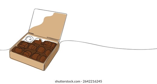 Desenho de linha contínua minimalista de uma caixa de chocolate aberto com vários doces em forma, ideal para sobremesa ou visuais de Valentine.
