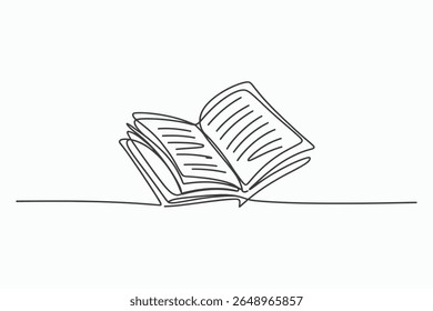 Um desenho de linha contínua minimalista de um livro aberto com páginas espalhadas, apoiado em uma linha horizontal. O design simples e elegante transmite conhecimento e aprendizado.