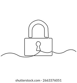 Desenho de linha contínua minimalista de um cadeado aberto simbolizando segurança, liberdade, acesso e oportunidades de desbloqueio em um fundo branco limpo.