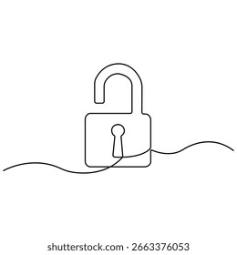 Minimalist continuous line drawing of an open padlock symbolizing security, freedom, access, and unlocking opportunities on a clean white background.