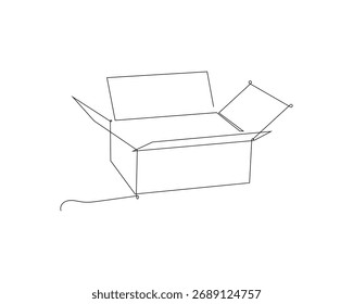 Minimalist continuous line drawing of an open, empty cardboard box on a white background, representing shipping, delivery, or new beginnings.