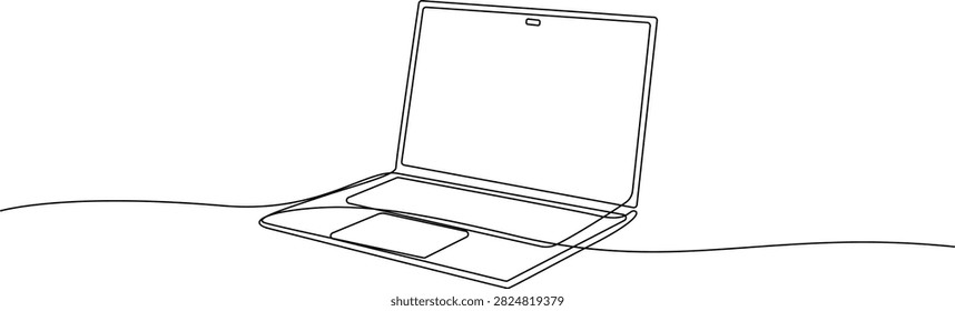 Minimalist continuous line drawing of an open laptop computer isolated on a white background