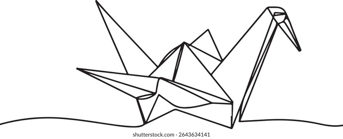 Minimalist continuous line drawing of an origami crane with geometric folds on white background

