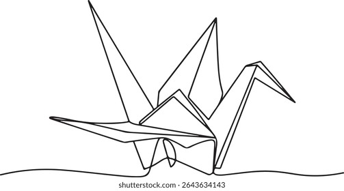 Minimalist continuous line drawing of an origami crane with geometric folds on white background

